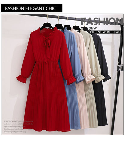 Solid Color Long Women Dress Vintage Elegant Bow Collar Shirt Dress