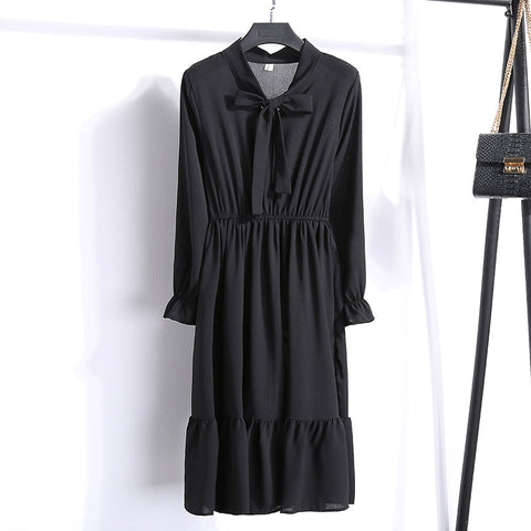 Solid Color Long Women Dress Vintage Elegant Bow Collar Shirt Dress