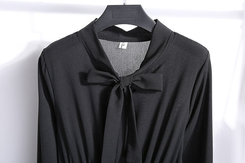 Solid Color Long Women Dress Vintage Elegant Bow Collar Shirt Dress