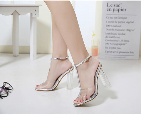 PVC Women Sandals Clear Transparent Ankle Strap High Heels Sandals