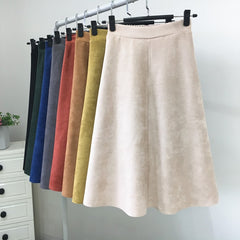 Suede High Waist Midi Skirt Vintage Style Elastic Ladies A-Line Skirt