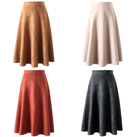 Suede High Waist Midi Skirt Vintage Style Elastic Ladies A-Line Skirt