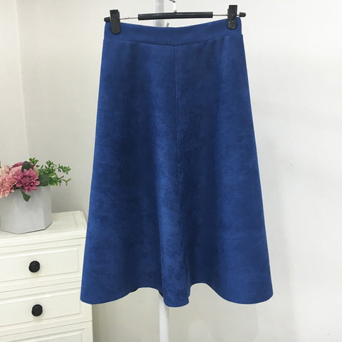 Suede High Waist Midi Skirt Vintage Style Elastic Ladies A-Line Skirt