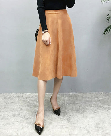 Suede High Waist Midi Skirt Vintage Style Elastic Ladies A-Line Skirt