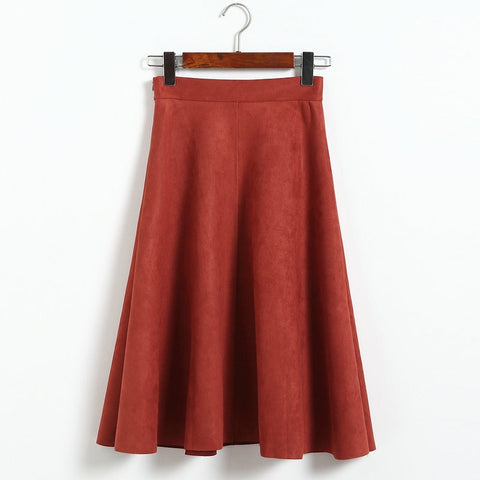 Suede High Waist Midi Skirt Vintage Style Elastic Ladies A-Line Skirt