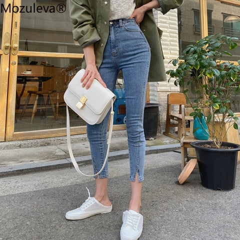 High Waist Stretch Skinny Jeans Pants Split Cuff Female Pencil