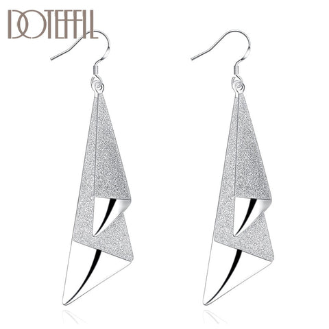 Silver Frosted Long Geometric Drop Earrings Charm Jewelry