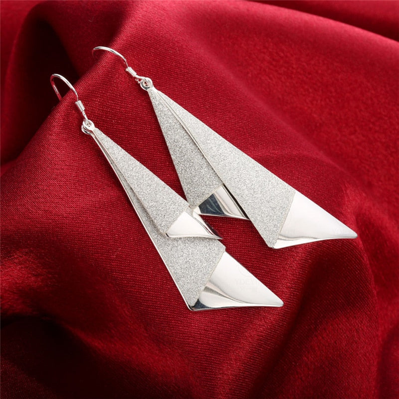 Silver Frosted Long Geometric Drop Earrings Charm Jewelry