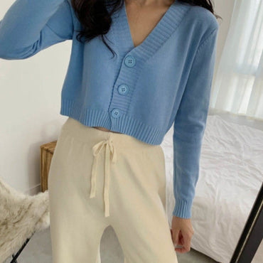 Long Sleeve Sweater Cardigan Sexy V-Neck Button Down Cropped Jacket