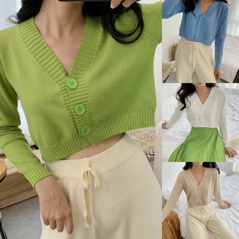 Long Sleeve Sweater Cardigan Sexy V-Neck Button Down Cropped Jacket