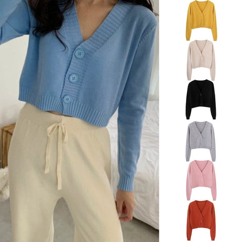 Long Sleeve Sweater Cardigan Sexy V-Neck Button Down Cropped Jacket