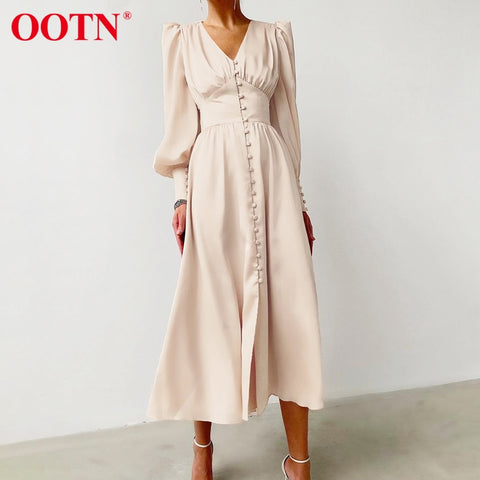High Waist Satin Long Dress Elegant V Neck Women Midi Dresses Lantern Sleeve