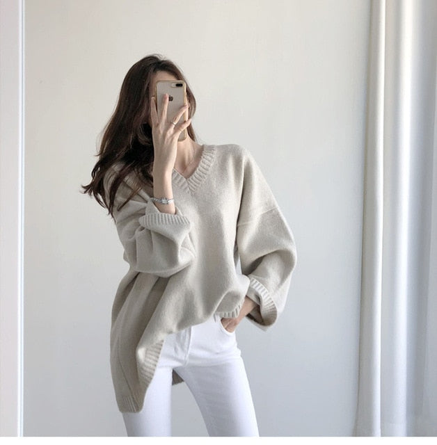 Casual Sweater Vintage Long Sleeve Loose Style Solid