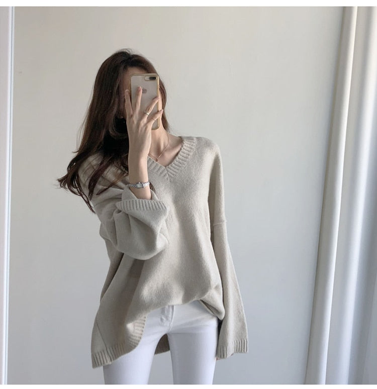 Casual Sweater Vintage Long Sleeve Loose Style Solid