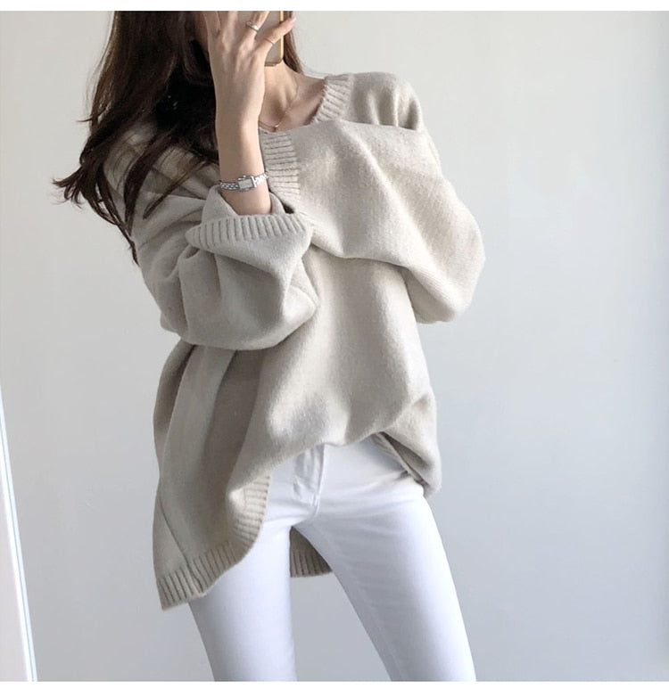 Casual Sweater Vintage Long Sleeve Loose Style Solid