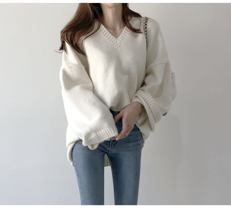 Casual Sweater Vintage Long Sleeve Loose Style Solid