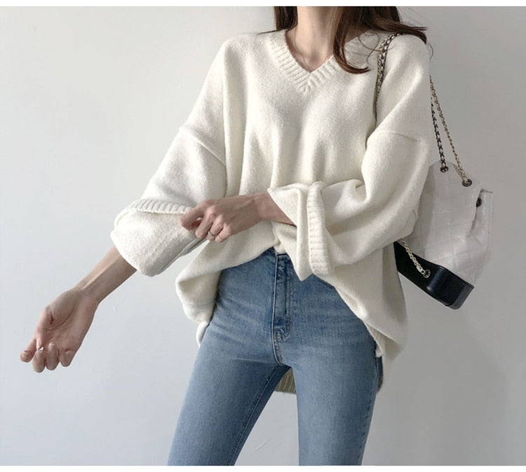 Casual Sweater Vintage Long Sleeve Loose Style Solid