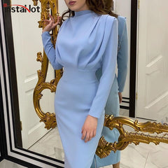 Stand Collar Slim Waist Solid Blue Ankle Length Autumn Long Sleeve  Dress