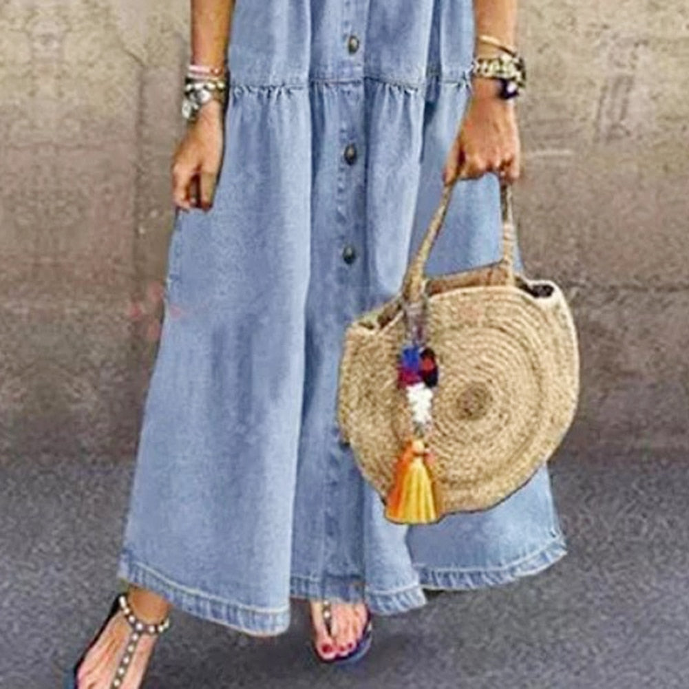 Denim Dress Retro Women Short Sleeve Turn Down Collar Pockets Button