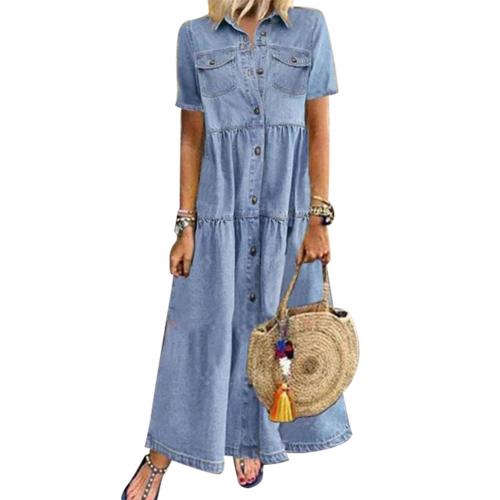 Denim Dress Retro Women Short Sleeve Turn Down Collar Pockets Button