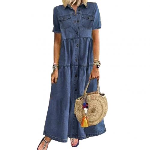 Denim Dress Retro Women Short Sleeve Turn Down Collar Pockets Button