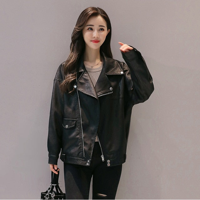 Loose Faux Leather Jacket BF Oversized Soft Pu Leather Outerwear