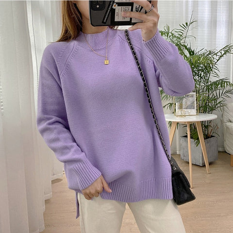 Women Mock Neck Pullovers Sweater High Quality Oversized Jumper Split