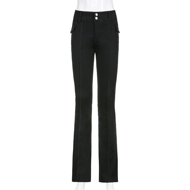 Slim Low Waist Flare Pants E-girl Vintage Pockets Solid