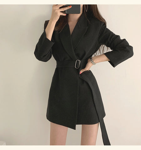 Long Blazers Jacket With Belt Notched Outerwear Office