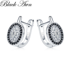 Silver Round Black Trendy Spinel Engagement Hoop Earrings