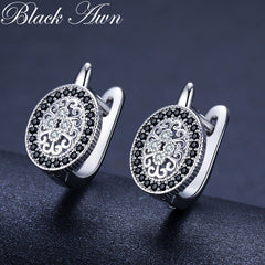 Silver Round Black Trendy Spinel Engagement Hoop Earrings