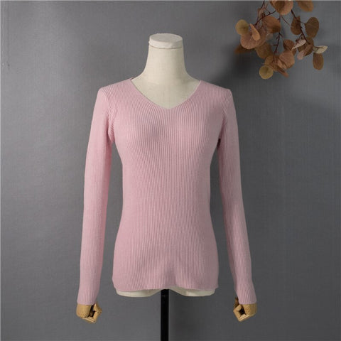 Pullover V-Neck Minimalist Bottoming Pink Tops Multi Colors