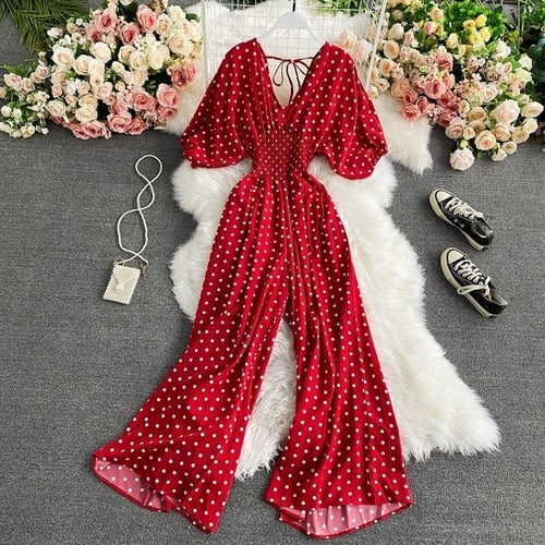 Polka Dot Romper Women Elegant V-Neck Puff Short Sleeve High Waist Jumpsuit