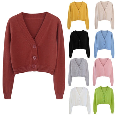 Long Sleeve Sweater Cardigan Sexy V-Neck Button Down Cropped Jacket