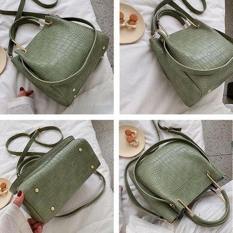 Stone Pattern PU Leather Bucket Bags For Women  Shoulder Messenger