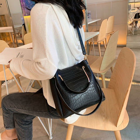 Stone Pattern PU Leather Bucket Bags For Women  Shoulder Messenger