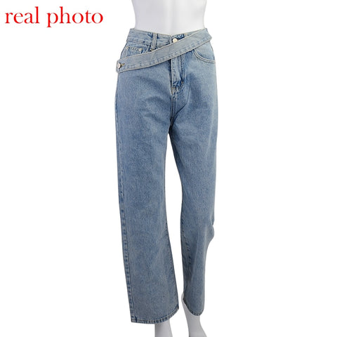 Casual Fashion Straight Denim High Waist Jeans Women Pants F