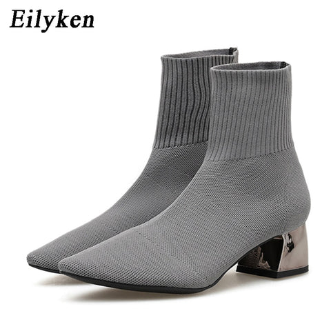 Knitted Stretch Fabric Socks Low heel Short PointedToe Women Ankle Boots
