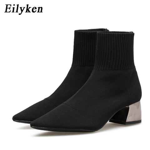 Knitted Stretch Fabric Socks Low heel Short PointedToe Women Ankle Boots