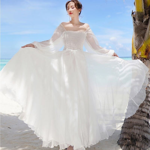 White Dress Elegant Fairy Chiffon Off Shoulder Dress Maxi Vintage