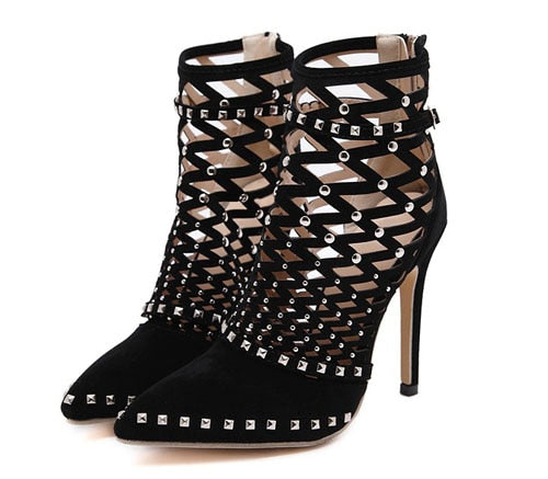 Gladiator Sandals Spring Pointed Toe Rivets Studded Cut Out Caged Ankle Boots