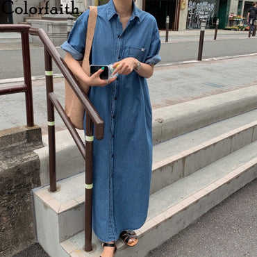 Denim Dresses Summer Casual Vintage Single Breasted Turn-down Collar
