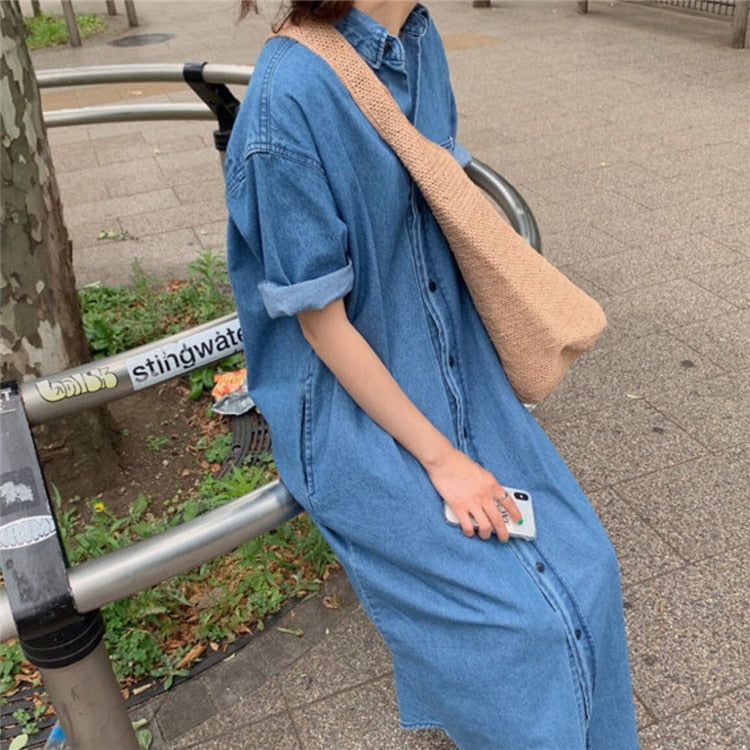 Denim Dresses Summer Casual Vintage Single Breasted Turn-down Collar