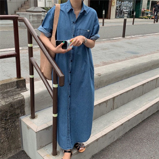 Denim Dresses Summer Casual Vintage Single Breasted Turn-down Collar