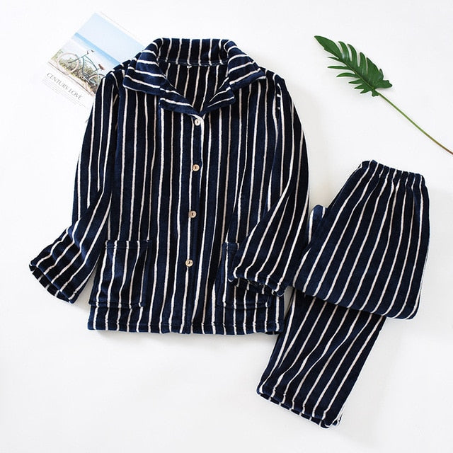 Thick Flannel Couple Striped Pajamas Set 2 Pieces Thick Winter