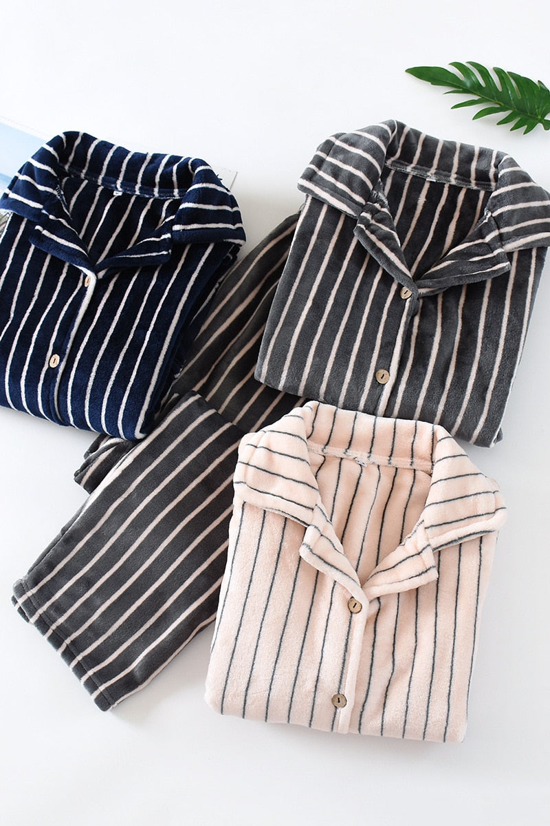 Thick Flannel Couple Striped Pajamas Set 2 Pieces Thick Winter