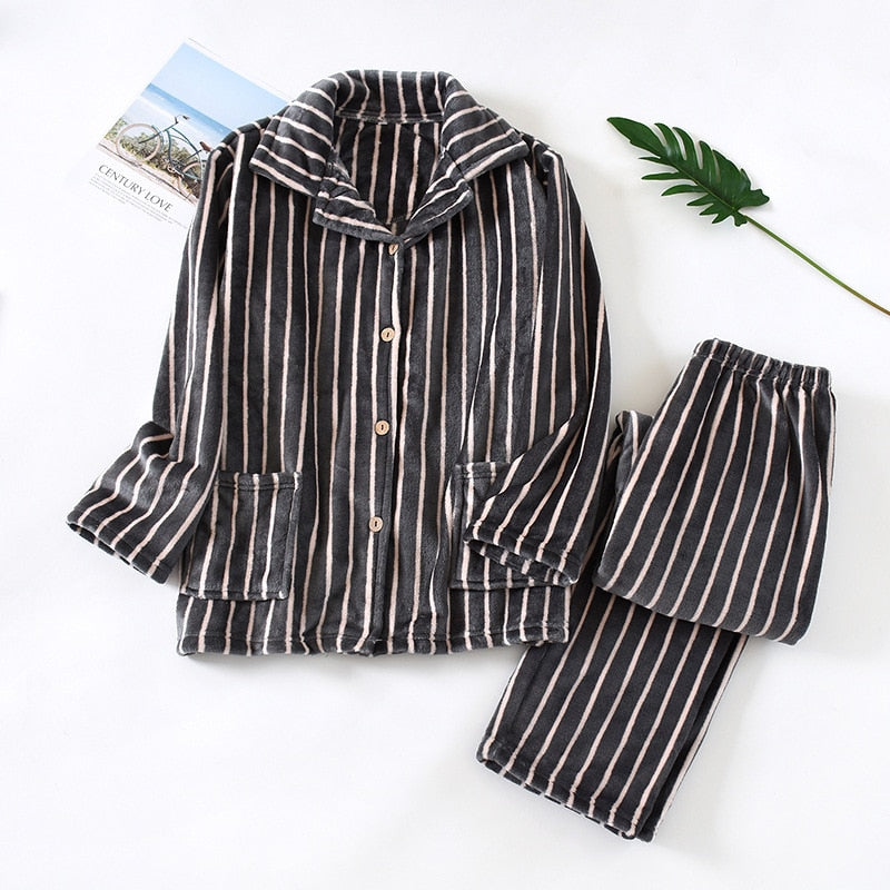 Thick Flannel Couple Striped Pajamas Set 2 Pieces Thick Winter