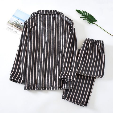 Thick Flannel Couple Striped Pajamas Set 2 Pieces Thick Winter