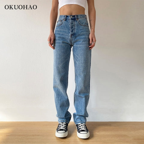 Mom Jeans Straight Pants Washed Loose High Waist Plus Size Casual Boyfriends
