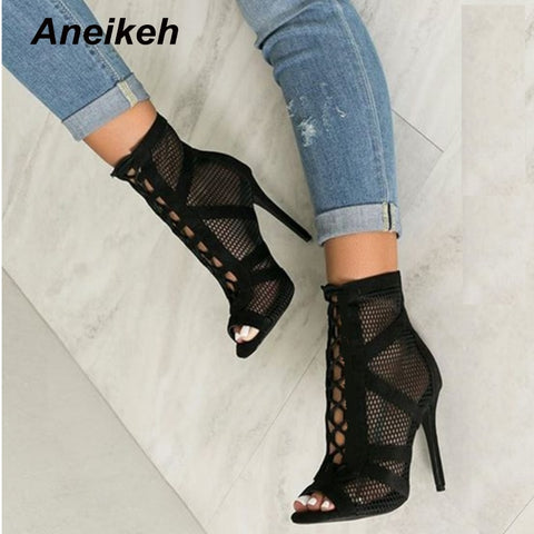 Fashion Basic  High Heels Pumps Sexy Hollow Out Mesh Lace-Up Cross-tied Boot